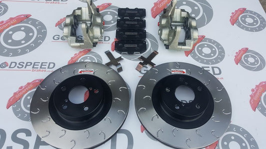 Brand New 4 Pot Calipers With Orangestuff Pads and Grooved Discs